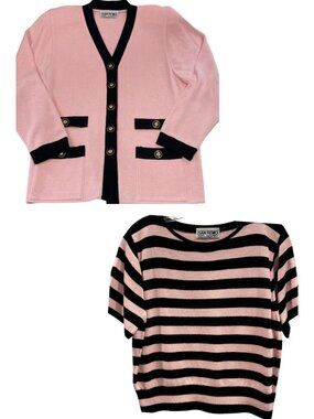 Vtg 80s San Remo Knit Cardigan Striped Top Set L Pink Black Retro Twee Preppy
